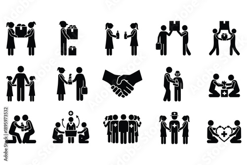 Collection of minimalist black silhouette icons depicting various charitable and supportive human interactions and activities