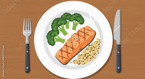 Healthy Grilled Salmon Meal with Broccoli and Quinoa on a Wooden Table