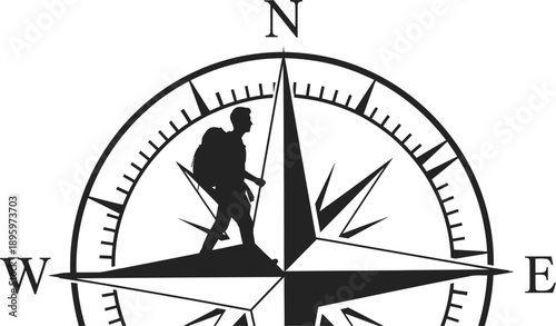 Compass with hiker silhouette vector travel and navigation