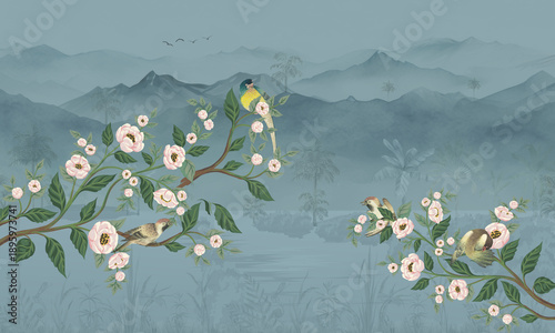 Canvas Print Mural Chinoseire birds on branches with magnolia flowers