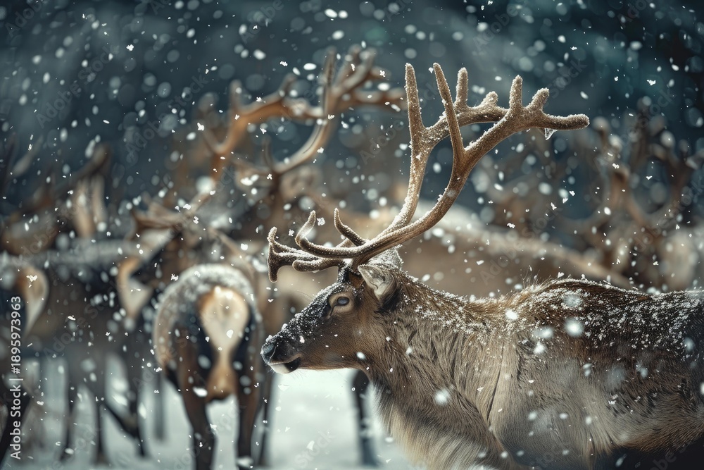 Fototapeta premium Reindeer are walking in the snowy forest during winter