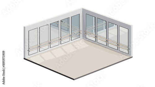 Empty modern dance studio with mirrors and ballet barres