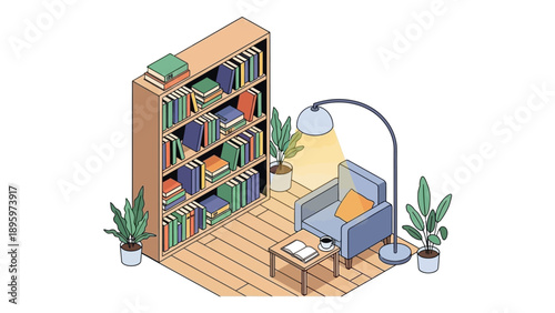 Cozy Home Library with Armchair and Books Illustration