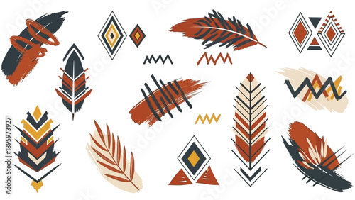 Boho abstract pattern with ethnic tribal design elements and hand drawn feathers.