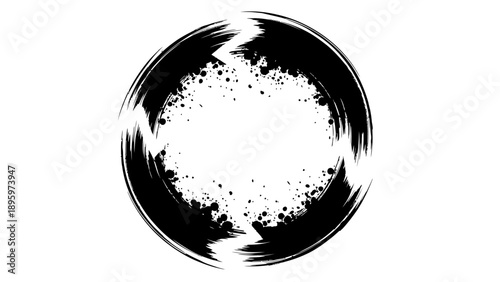 Abstract brush stroke circle with ink splatters on white background.