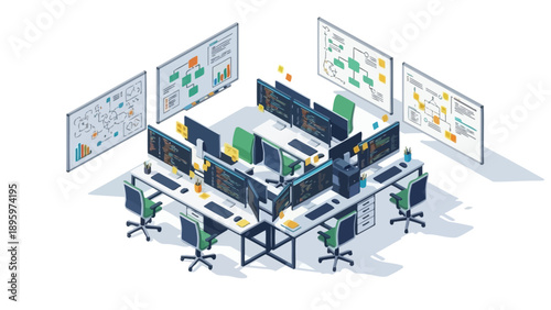 Isometric view of a modern office with multiple computer stations and whiteboards.