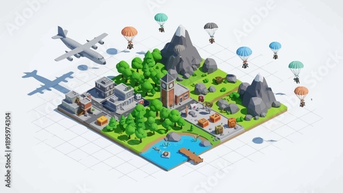 Low Poly Isometric Game Map with Paratroopers and Airplane