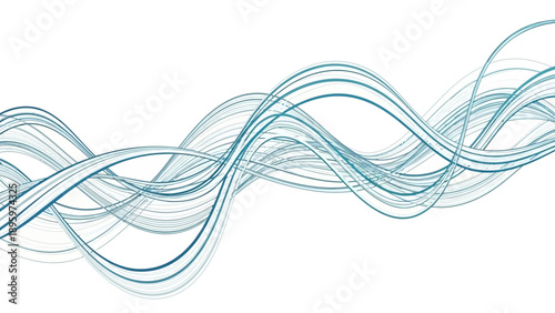 Abstract flowing blue lines create a modern wave pattern on a white background.