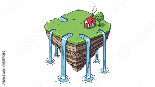 Whimsical floating island with a tiny house and cascading waterfalls.