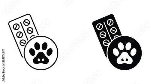 Pet medication pills and paw print