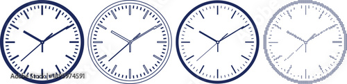 Set of dark blue clock icons showing different times and art styles