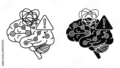 Warning signs on brain illustrations indicating mental health