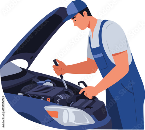 Mechanic Working on a Car Engine Under the Open Hood