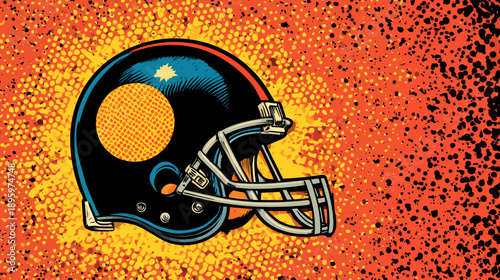A stylized football helmet illustration with a burst of textured color around it