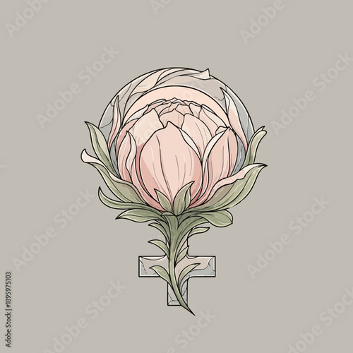 Elegant illustration blending a blooming pink peony with the female symbol, thoughtfully representing natural beauty, delicate strength, and empowered femininity