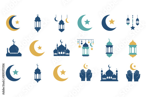 Colorful ramadan and eid celebration icons collection with mosques crescents stars and lanterns vector set