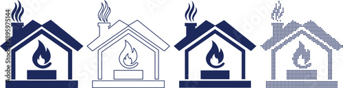 Home with fireplace and chimney icon four different styles set