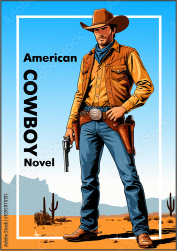 064-38-Cowboy holding a revolver, standing in western desert landscape with cacti