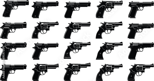 Handgun and revolver silhouettes collection showing various pistol models, black firearm icons isolated on white background for security, law enforcement, and graphic design concepts