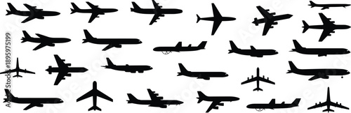 Diverse collection of black airplane silhouettes showcasing various aircraft models and wing configurations against a clean white background