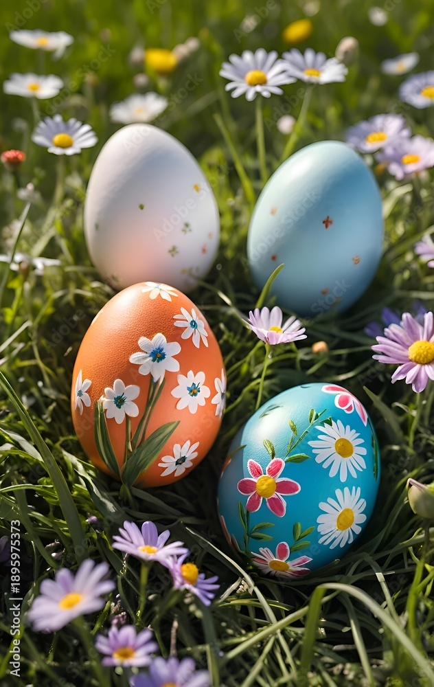 Fototapeta premium Easter eggs with daisy floral patterns on green grass.
