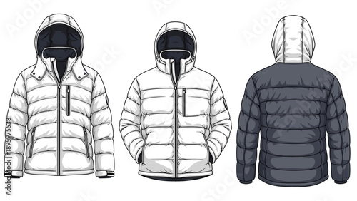 Detailed technical fashion drawings of a quilted puffer jacket with a hood shown from the front and back perspectives.