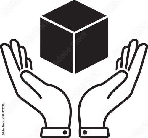Two cupped hands holding up a floating cube solid black vector icon