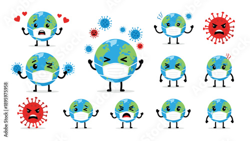 Set of cute Earth globe characters wearing medical face masks with different expressions next to angry virus particles.
