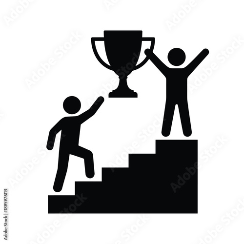 A silhouetted figure celebrates victory atop steps with a trophy