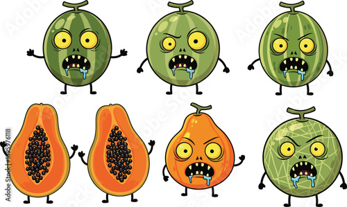 Cartoon fruit monsters, angry characters, spooky illustration, funny creature design, Halloween artwork, playful fantasy art, creepy food drawing, colorful digital artwork
