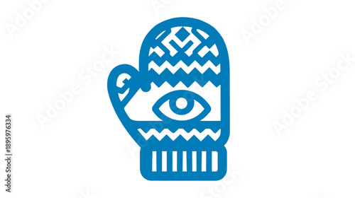 A blue mitten with an eye in the palm, detailed patterns, on a white background