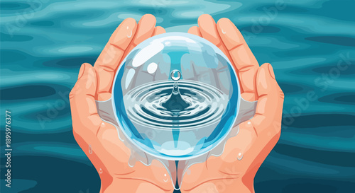 Illustration of hands cradling a water droplet globe with ripples, symbolizing conservation for a World Water Day campaign against a watery background.