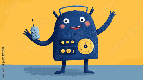 A happy, furry, blue character with a round body holds a utensil and has a clock