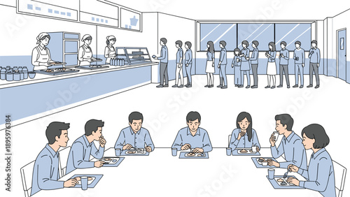 Busy school or office cafeteria where staff serve food to a long line of people while others eat together at large tables.