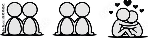 Minimalist line art illustration showing three stages of couple intimacy, emotional connection, love, affection, and romantic relationship bonding in simple black outline style
