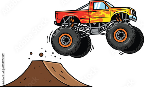 Monster truck jump, extreme sports illustration, offroad stunt artwork, colorful vehicle design, dynamic automotive drawing, racing action concept, vibrant entertainment art, digital artwork