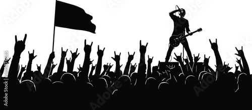 Rock concert crowd silhouette with guitarist performing on stage, energetic live music festival scene featuring cheering audience, raised hands, electric guitar, and dramatic performance atmosphere