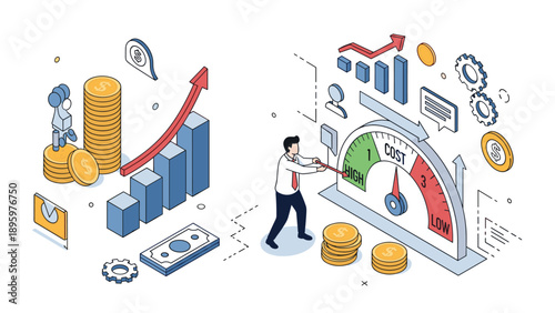 Isometric financial scene shows a business professional adjusting a meter to lower costs while coin stacks and growth charts rise nearby.