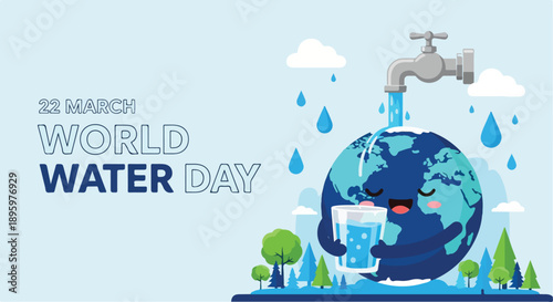 Illustration of a globe with a faucet pouring water into it, surrounded by plants and clouds, promoting conservation on World Water Day.