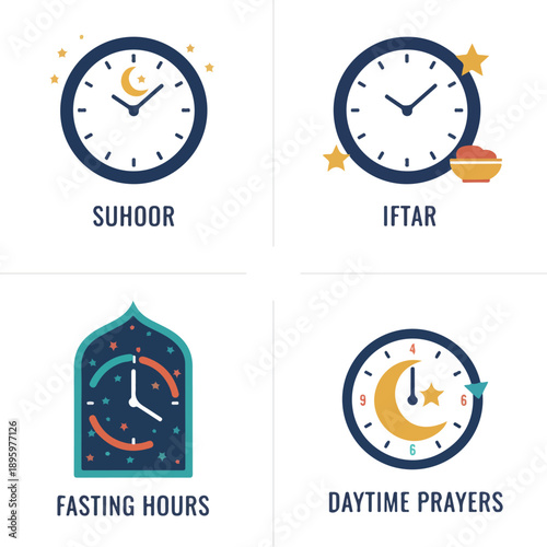 Minimal Ramadan flat illustration of clock and time-related elements symbolizing fasting hours, clean flat vector style, isolated on white background