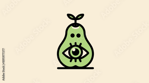 A pear-shaped, green stylized illustration with eye, dots for eyes, and leaves on a tan background