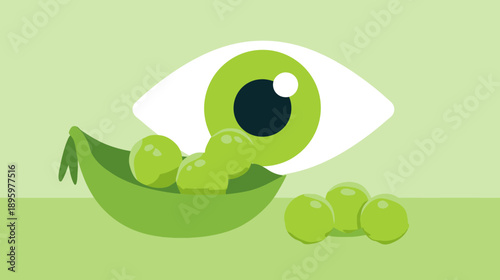 A whimsical green-toned illustration depicts a stylized eye looking at peas in a pod