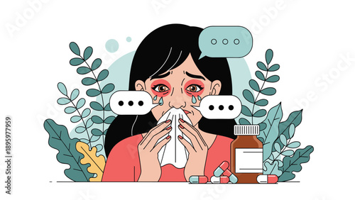 Woman with red and irritated eyes uses a tissue while suffering from seasonal allergies or a common cold surrounded by pills and plants.