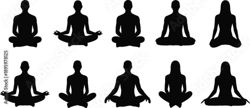 Set of male and female yoga meditation silhouettes in lotus pose, mindfulness and wellness concept, isolated black figures for fitness, spirituality, relaxation design