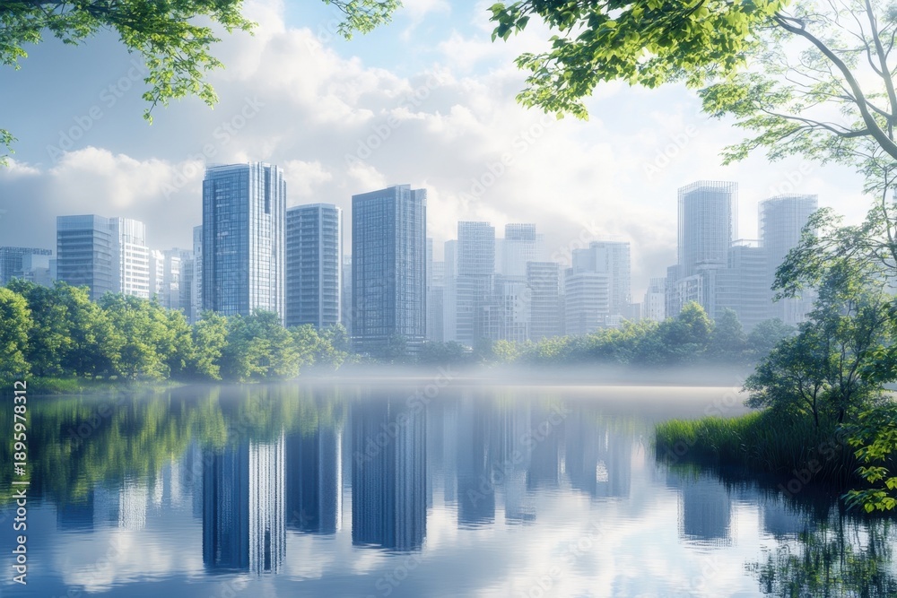 Fototapeta premium City skyline reflected in serene lake surrounded by lush greenery on a clear day