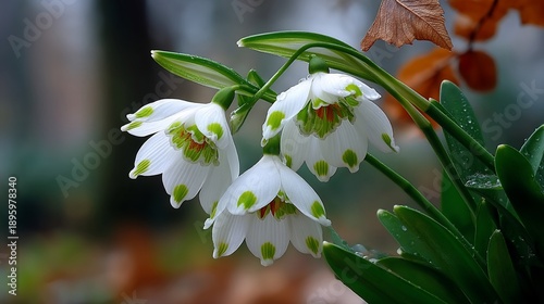 Close-up of delicate white flowers with green spots in a garden.