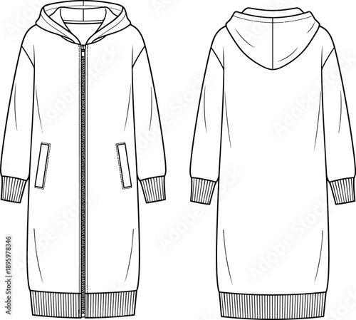 Long zip hoodie coat front back view vector illustration flat design casual outerwear apparel fashion template technical outline clothing mockup