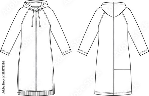 Long hooded zip up coat technical fashion illustration front and back view winter outerwear vector template for apparel designers