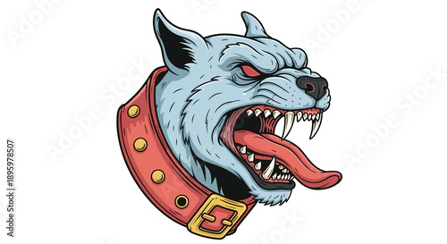 Aggressive blue dog head with red eyes and a spiked collar is depicted in a bold comic book style showing its sharp teeth and long tongue.