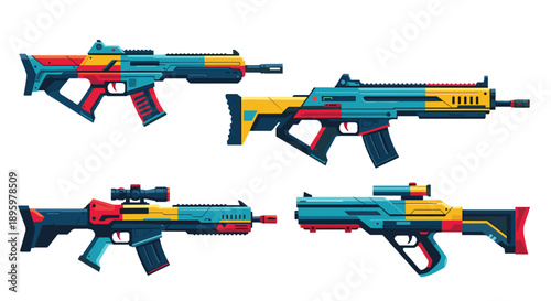 Set of four futuristic assault rifles featuring colorful geometric designs in cyan, yellow, and red colors for gaming or sci-fi concepts.